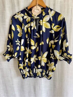 ANGELEYE Navy Floral Blouse with Yellow & Cream Accents
